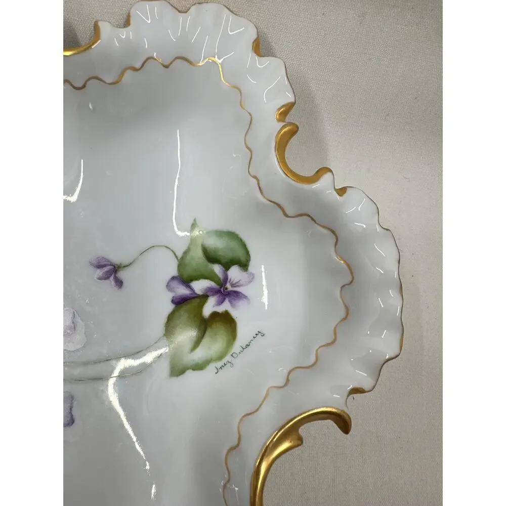 Vtg Hand Painted Porcelain Trinket Dish-  Violets w/ Gold Accents
